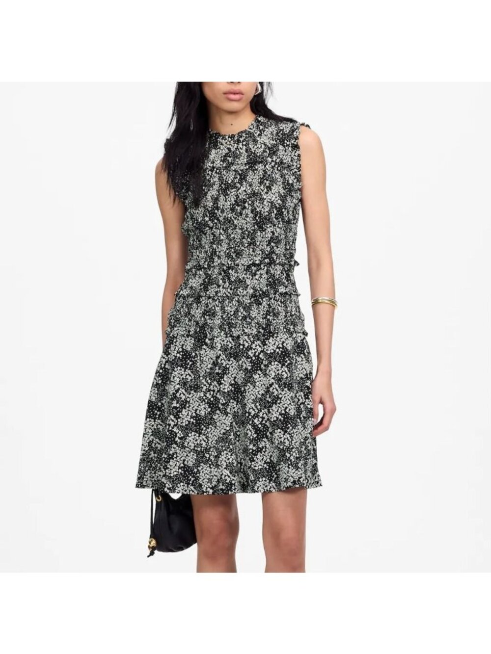 NWT Madewell Smocked Crewneck Mini Dress Sz 10 Harper Ditsy Floral Black White